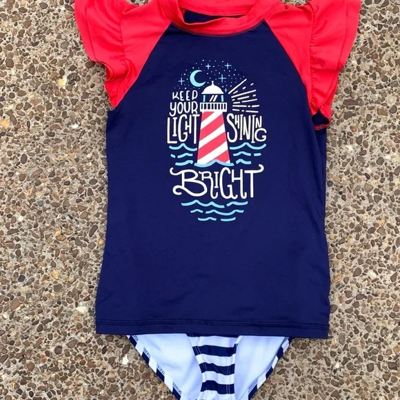 Cat & Jack Red White Blue Bikini & Rashguard Swim Set 6/6x - Picture 5 of 6